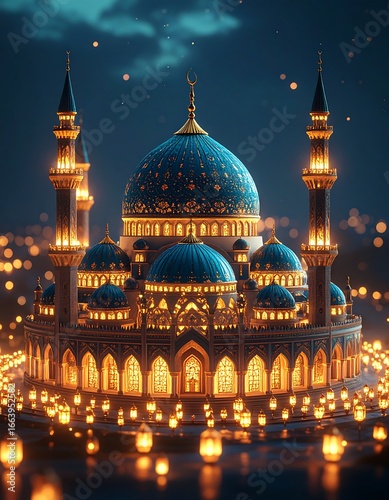 A majestic mosque, lit by warm golden light, stands amidst a circle of glowing lanterns under a starlit night sky