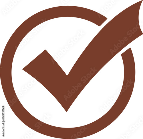 Brown check mark inside circle icon symbolizing approval, confirmation and success vector illustration on white background