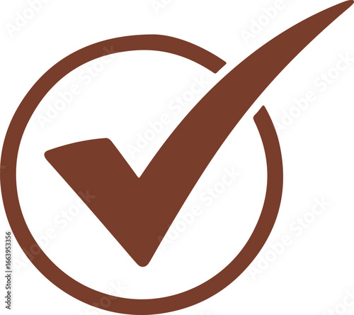 Brown check mark inside circle icon symbolizing approval, confirmation and success vector illustration on white background
