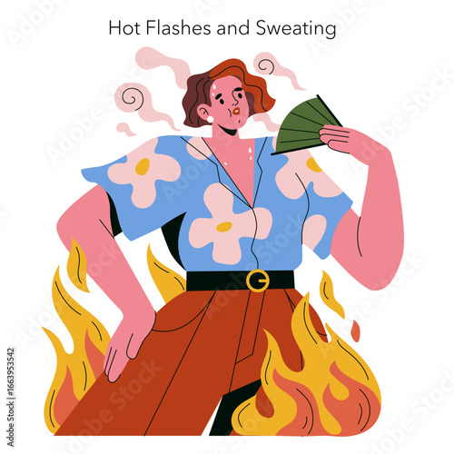 Woman Experiencing Hot Flashes and Sweating Illustration
