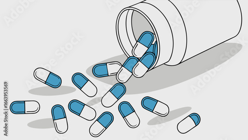 Blue and White Pills Spill Out of a Bottle- Medicine, Healthcare, and Pharmacy
