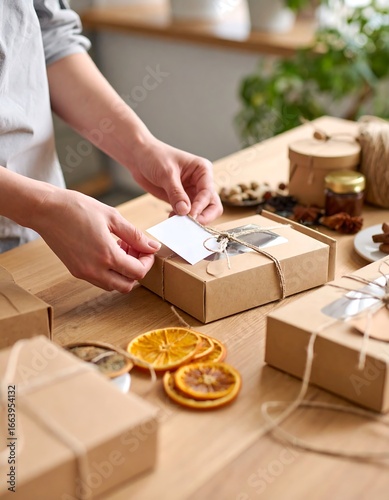 Hands placing a tag on a gift box