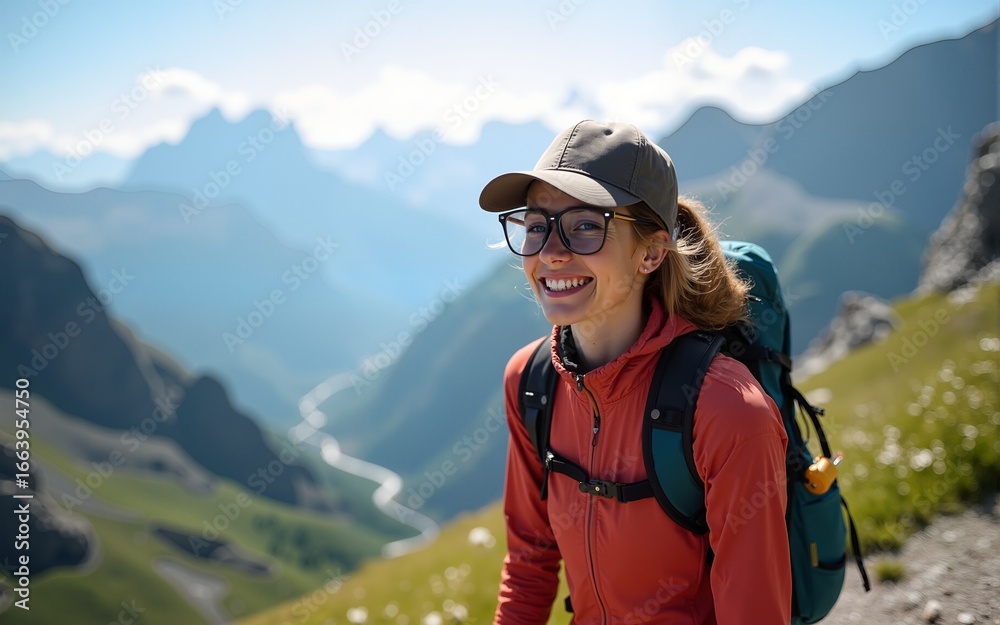 Adventurous Sportive Girl hiking in Beautiful Alpine Mountains. High quality Adventurous Sportive Girl hiking in Beautiful Alpine Mountains. High quality