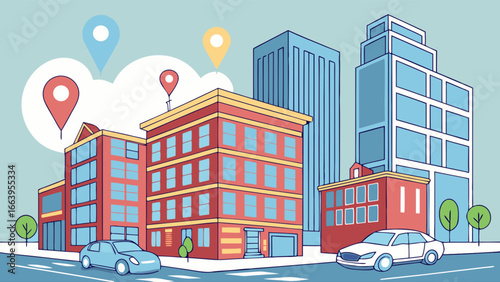Illustration of a cityscape with location pins showing city navigation