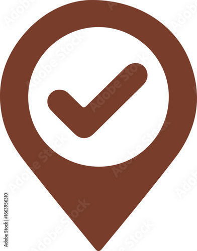 Brown location pin with check mark symbol representing approval, confirmation and destination vector illustration on white background