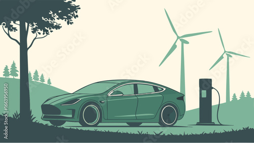 Electric Vehicle Charging Station by Wind Turbines Sustainable Transportation Concept