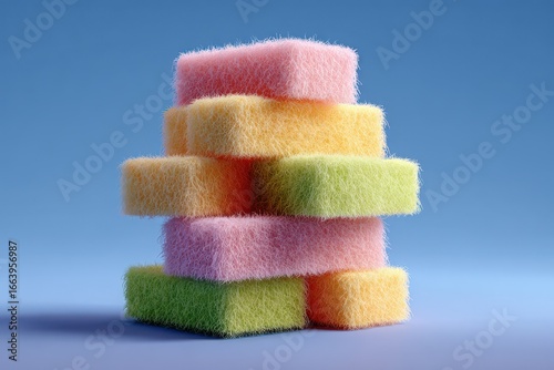 Vibrant pastel sponges stacked neatly, clean and fresh for household chores and creative projects