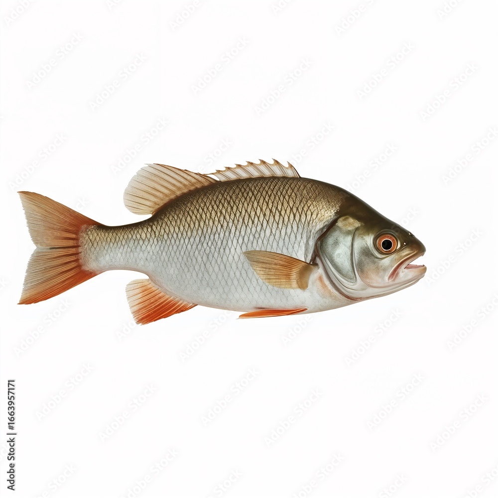 Fototapeta premium Solitary freshwater fish portrait against clean background with neutral tones and scales pattern