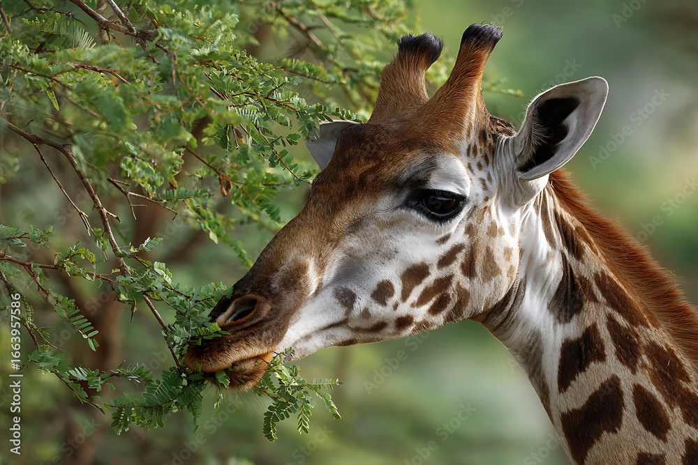 Obraz premium Gentle giraffe gracefully eating leaves from a lush green tree branch in its natural savanna habitat, a serene wildlife moment captured.