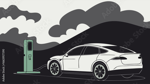 Electric vehicle charging illustration near dark hills and the concept of sustainability