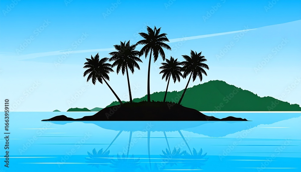 Obraz premium Tropical paradise island vector with palm trees silhouette and ocean reflection