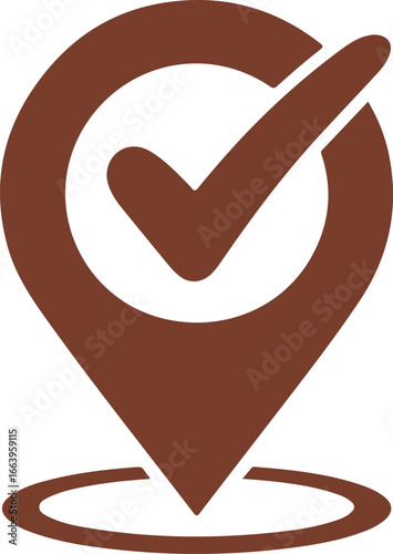 Brown location pin with check mark inside circle symbolizing confirmation, approval and destination vector illustration on white background