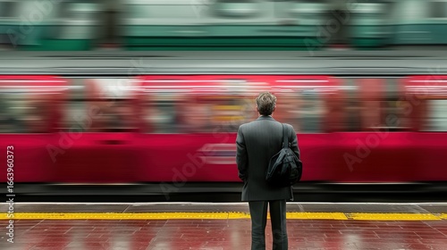 Man with backpack waiting at empty subway platform as red train passes