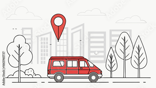 Red van driving through city with location marker Transportation and delivery service concept