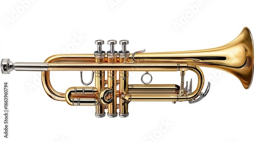 Polished brass trumpet, angled view
