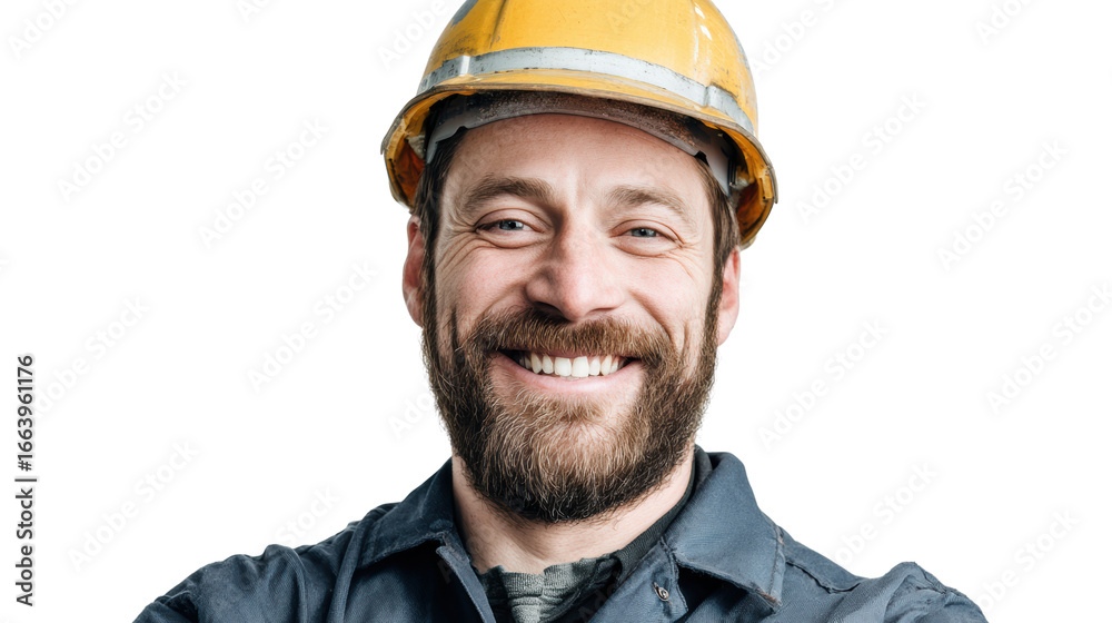 Fototapeta premium Smiling construction worker wearing a yellow hard hat, isolated on white background.