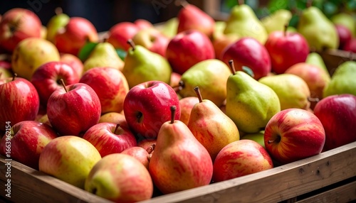 Fresh apples and pears in a wooden crate