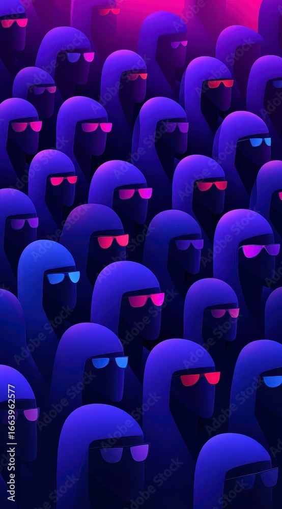 Fototapeta premium Abstract Crowd of Stylized Figures in Colorful Shades of Blue and Pink