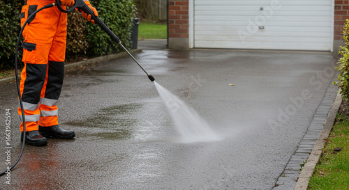 Person in orange overalls using a pressure washer to clean a driveway near a garage door outside home
