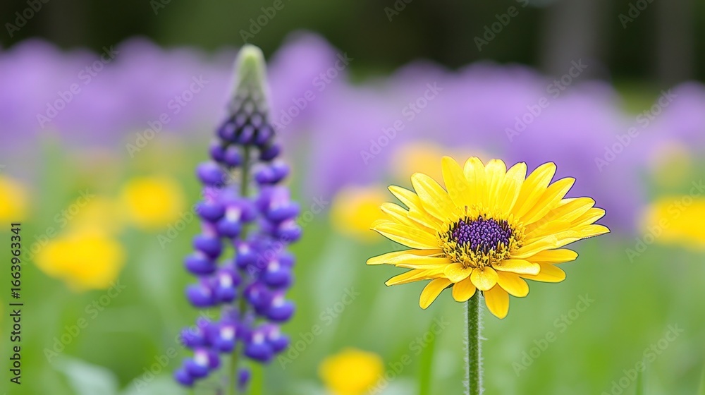 Obraz premium Bright Yellow Flower and Purple Bloom in Vibrant Nature Setting