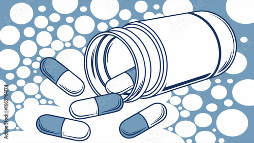 Pills spilling out of a container concept of medicine illustration