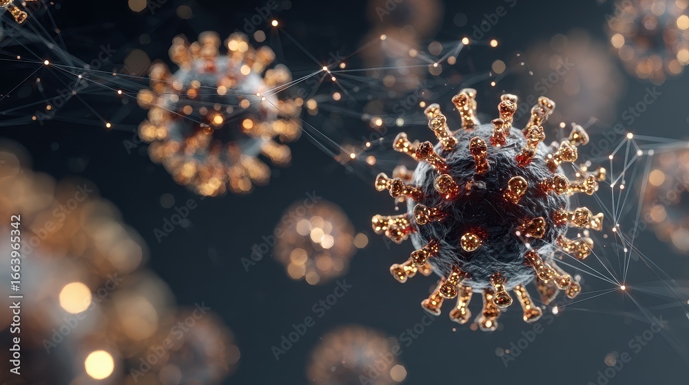 Fototapeta premium Viral particles, floating in futuristic digital network, 3D illustration.