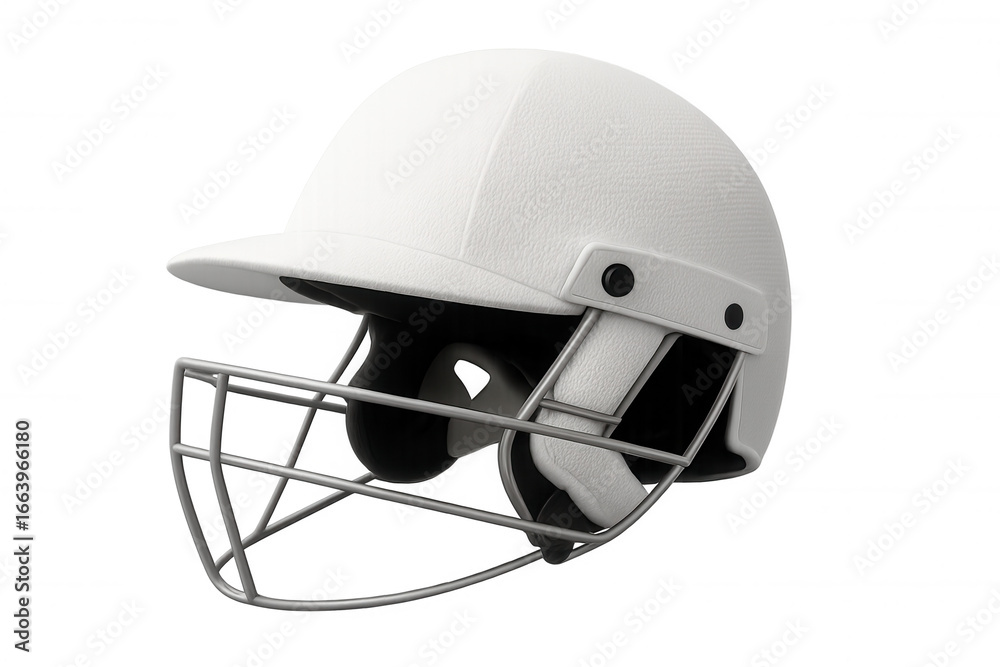Naklejka premium Cricket helmet ensuring safety during matches, featuring a metal grill for face protection, isolated on a transparent background