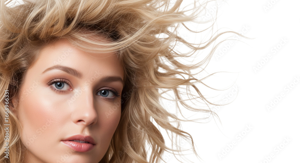 Obraz premium Strahlendes Porträt einer jungen Frau mit lockigem Haar, transparenter Hintergrund, PNG