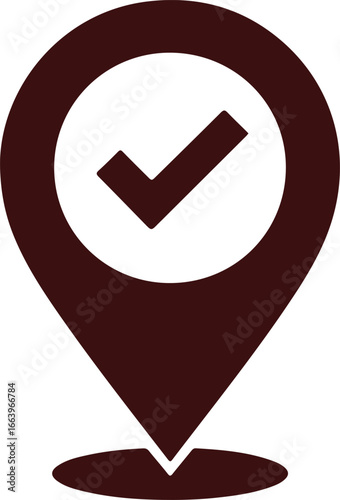 Dark brown location pin with check mark symbol representing approval, confirmation and destination vector illustration on white background
