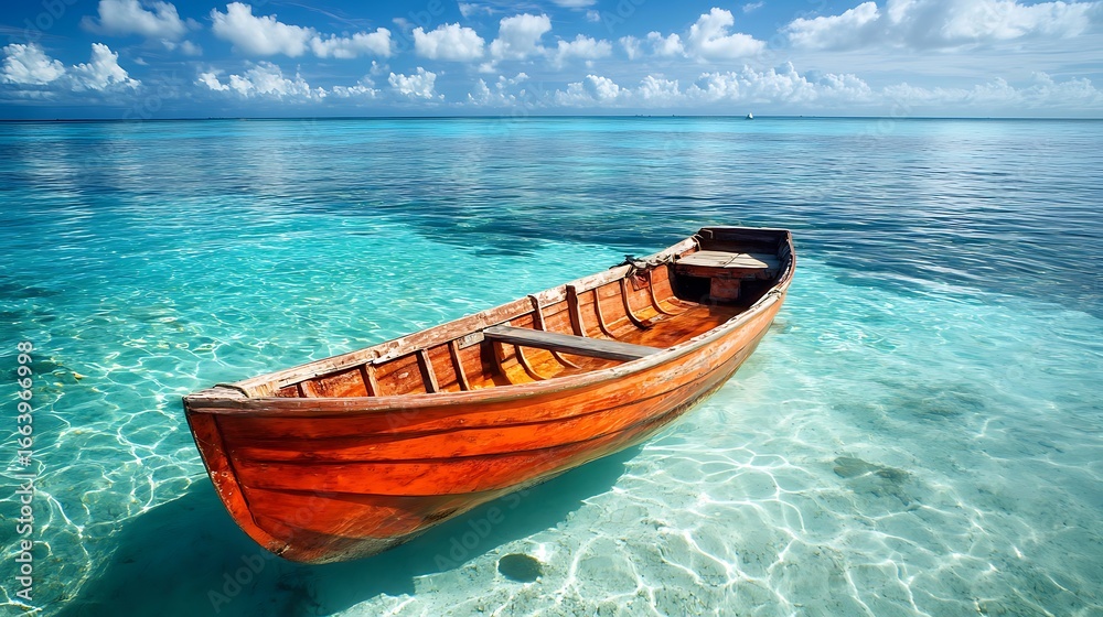 Naklejka premium Serene orange rowboat drifts in crystal clear turquoise tropical ocean waters under a bright blue sky with fluffy clouds
