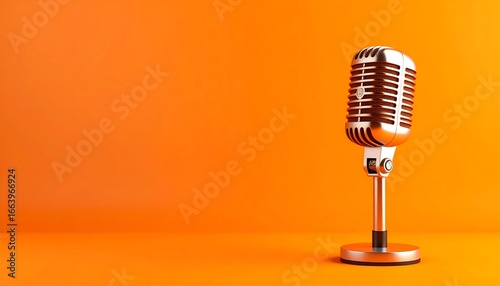 A vintage microphone stands prominently against a vibrant orange background.