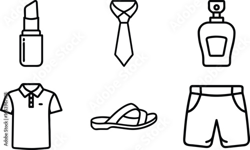 Fashion and clothing icons lipstick tie perfume polo shirt sandals shorts