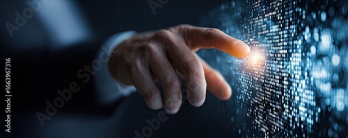 Hand interacts with digital code