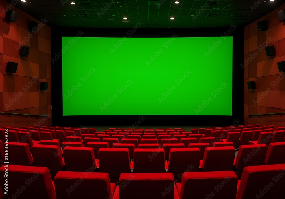 Fototapeta premium Empty cinema hall with rows of red seats and a large green screen