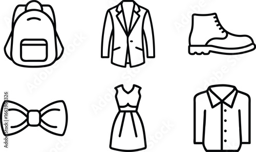 Black Outline Icons of Fashion Items and Clothing backpack