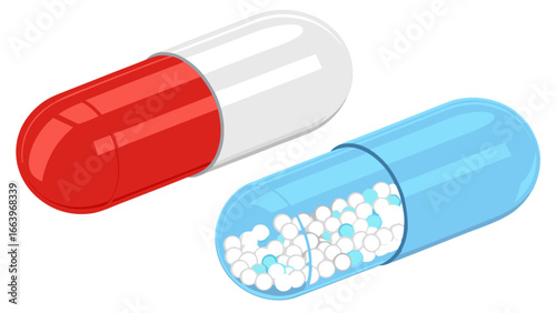 Medical Capsules Illustration of a Red and White, and a Blue Capsule with Pills Inside
