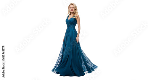 Elegant Woman in Teal Gown Isolated
