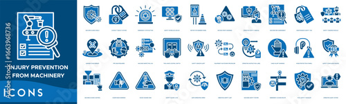 Injury Prevention from Machinery icon set. Machine Guard Shield, Lockout Tagout System, Emergency Stop Button, Safety Interlock Device, Protective Barrier Panel and Moving Parts Warning