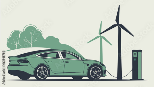 Electric Car Powering Up with Renewable Energy from Wind Turbines and Green Trees