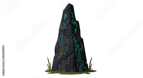 Ancient stone obelisk with glowing teal and gold runes, standing in grass.