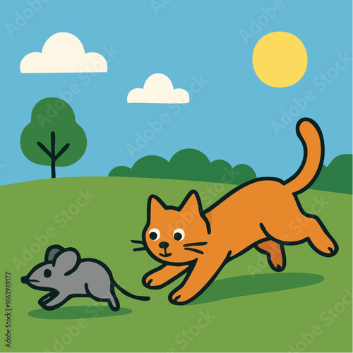 Vector Image:  furry little kitten chases a grey mouse across the lawn outdoors 2