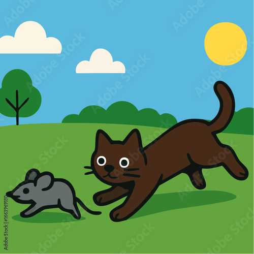Vector Image: Furry brown kitty cat chasing a little gray mouse outdoors 1