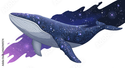 A majestic humpback whale swims through a starry night sky, its body adorned with celestial patterns and nebulae.