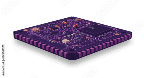 Close-up isometric view of a complex purple microchip with intricate circuitry and a prominent central processor.