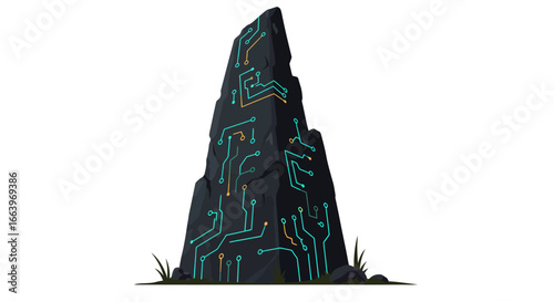 A towering, jagged dark rock formation featuring intricate, glowing teal and orange circuit board patterns, blending nature with advanced technology.