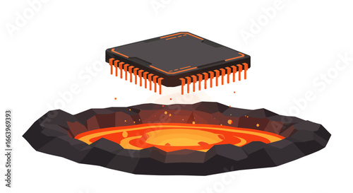 Microchip levitating above molten lava, fiery digital creation.