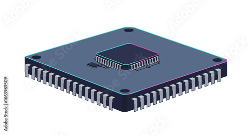Isometric view of a detailed computer processor, illustrating its components and design.
