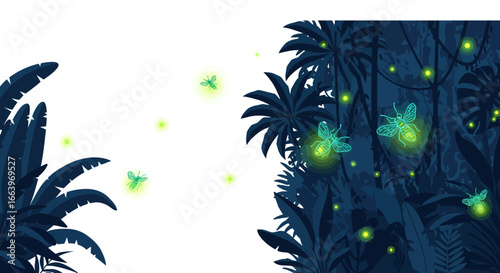 Luminous fireflies illuminate a dense, dark jungle landscape at twilight, creating a magical natural scene.