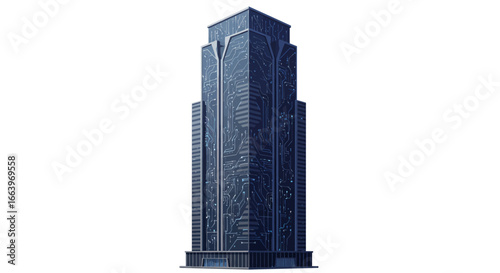 A tall, modern skyscraper with a dark, reflective facade and a distinctive tapered top, isolated on white.