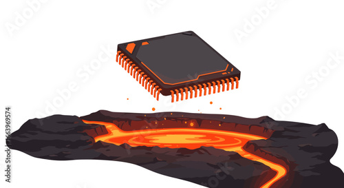 An advanced computer chip with orange glowing pins floats over a vibrant, flowing lava field, representing intense processing power.